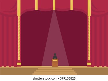 Public performance vector illustration. Before microphone. Behind tribune. Performance on stage.