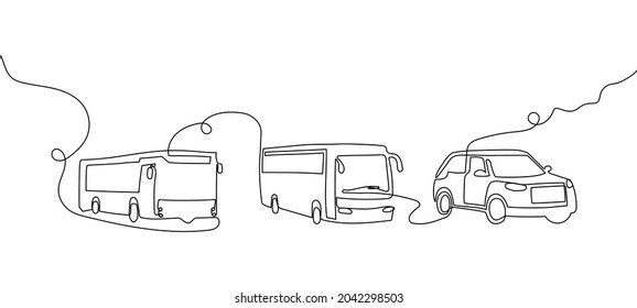 Public and personal transport continuous line drawing set. One line art of trolleybus, shuttle bus, auto, crossover, four-by-four.