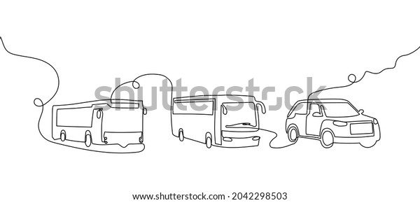 Public and personal transport continuous\
line drawing set. One line art of trolleybus, shuttle bus, auto,\
crossover,\
four-by-four.