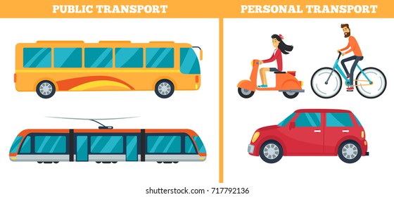 Public and personal transport represented by train, yellow bus, moped with bicycle and car. Vector illustration of different types of city transport