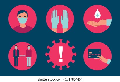 Safety prescriptions in public place during coronavirus COVID-19 disease outbreak. Flat vector icon set.