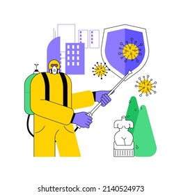 Public place sanitizing abstract concept vector illustration. Surfaces cleaning, chemical disinfectant, covid19 virus spread, prevention measures, public health, remove germs abstract metaphor.