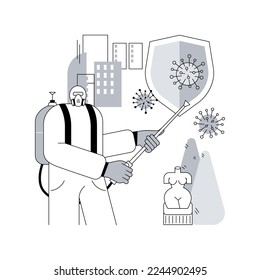 Public place sanitizing abstract concept vector illustration. Surfaces cleaning, chemical disinfectant, covid19 virus spread, prevention measures, public health, remove germs abstract metaphor.