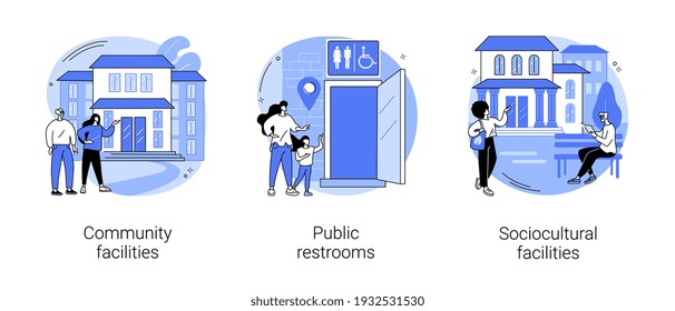 Public Places Abstract Concept Vector Illustration Set. Community Facilities, Public Restrooms, Sociocultural Infrastructure, Cleaning And Hygiene, Health Centre, School Building Abstract Metaphor.