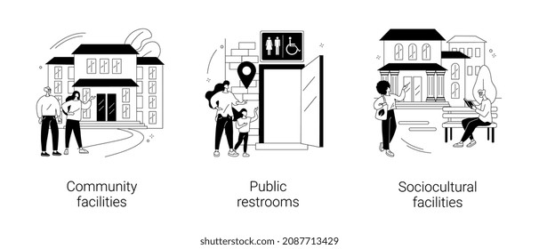 Public Places Abstract Concept Vector Illustration Set. Community Facilities, Public Restrooms, Sociocultural Infrastructure, Cleaning And Hygiene, Health Centre, School Building Abstract Metaphor.