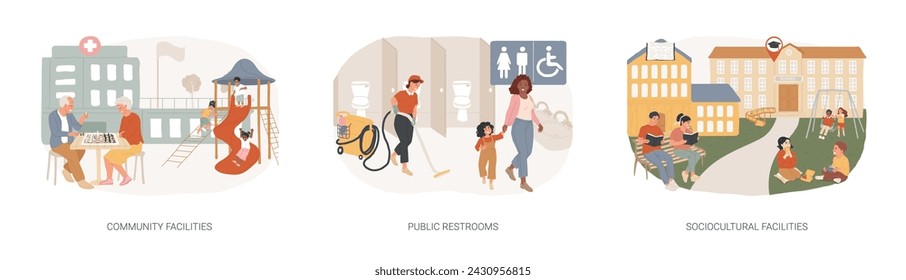 Public places isolated concept vector illustration set. Community facilities, public restrooms, sociocultural infrastructure, cleaning and hygiene, health centre, school building vector concept.