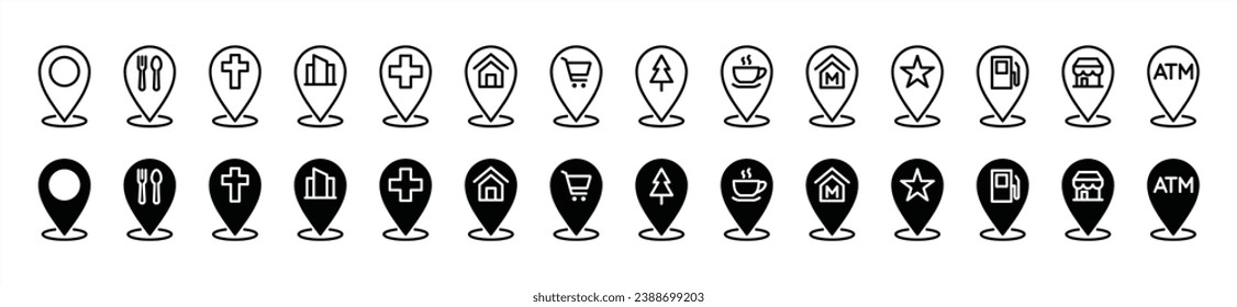 Public places map pin location icon set. Map pin markers with public places such as restaurants, houses, shops, apartments, hospitals, parks, cafes, places of worship. Vector illustration