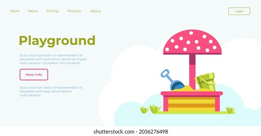 Public playground for children, recreation zone for kids. Sandbox with toys, shovel and bucket with umbrella protecting from sun heat. Website or webpage template, landing page flat style vector