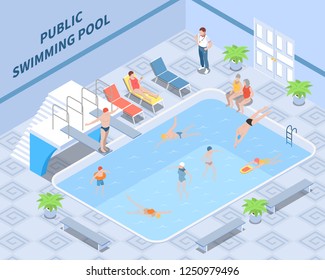 Composición isométrica de la piscina pública con visitantes del instructor durante la natación y el descanso elementos interiores ilustración vectorial