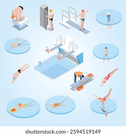 Public pool isometric flowchart health swimming sports activity children basin and diving on blue 3d