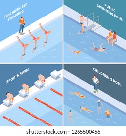 Piscina pública sincronizada carrera deportiva y cuenca infantil concepto de diseño isométrico ilustración vectorial aislada