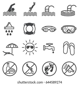 Public pool vector warning signs. Swimming rules icons