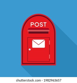 Public Post box made of metal painted red, mounted in a side street to popular service allows people to send messages to each other by letter and flat style, Public service foundation of the city.