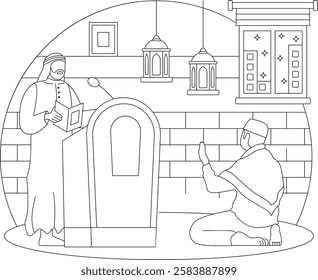 Public preaching on formal occasion vector Icon design, ramadan and Eid al-Fitr outline, Muslim fasting month sketch, Arabic holidays illustration, Khatib wearing thawb during a Friday prayer concept