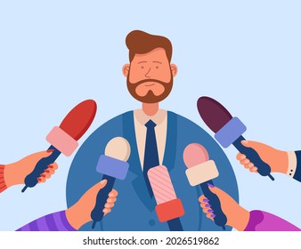 Public press taking interview with cartoon man in suit. Guy giving comments and opinion to journalists holding microphones flat vector illustration. Journalism, television concept for banner