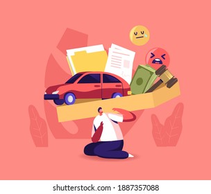 Concepto de presión pública. Pequeño personaje masculino presionado con una enorme caja llena de atributos de la sociedad, hombre con fuertes obligaciones en hombros. Carrera, Dinero Impuso Valores De Vida. Ilustración del vector de dibujos animados