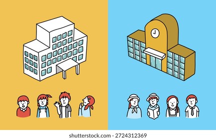 Edifícios da escola primária pública e privada com ilustração infantil