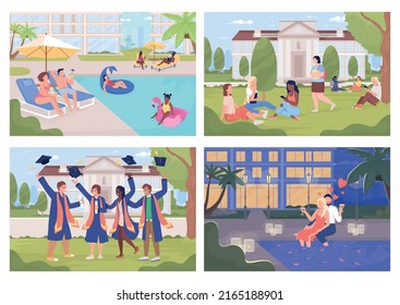 Public and private places in city flat color vector illustrations set. Citizens in different locations. Fully editable 2D simple cartoon characters with contemporary cityscapes on background pack
