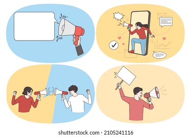 Public promotion and Advertisement concept. Set of young people shouting screaming to megaphone speaker trying to attract attention showing sales news and business strategy vector illustration 