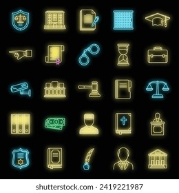 Public prosecutor icons set. Outline set of public prosecutor vector icons neon color on black