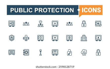 Public Protection line icons. Included family, public, people, set, at, security and more. Public Safety modern icons set. Icon design. Modern vector UI symbol.