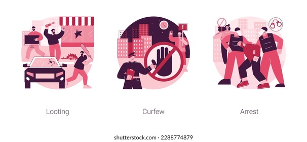 Public protest abstract concept vector illustration set. Looting and curfew, arrest, street action, stolen goods, meeting and vandalism, riot police, violence and crime, detention abstract metaphor.