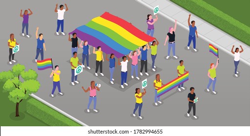 Public protest demonstration isometric composition with view of street ang group of protesters at pride parade vector illustration