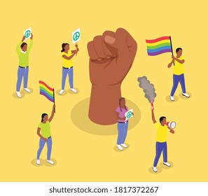 Public protest demonstration isometric composition with fist and characters of rioters with lgbt and antiglobalism symbols vector illustration