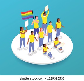 Public protest demonstration isometric composition with round platform and group of rioters with placards lgbt flag vector illustration