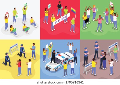 Public protest demonstration isometric design concept with human characters of police officers making peace with protesters vector illustration