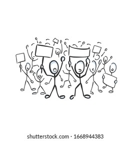 Public protest demonstration. People boycott government. Civil rights. Mass march. Hand drawn. Stickman cartoon. Doodle sketch, Vector graphic illustration