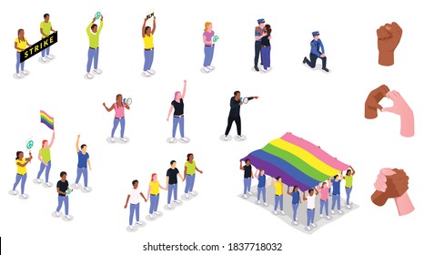 Public protest demonstration set of human characters of protesters vector illustration