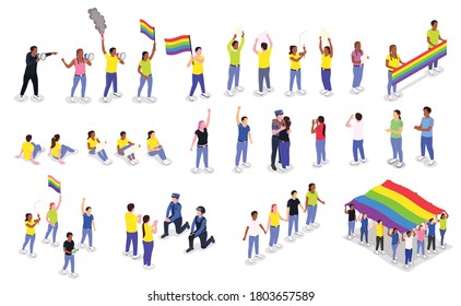 Public protest demonstration set with isolated human characters of protesters with lgbt flags and pride gestures vector illustration