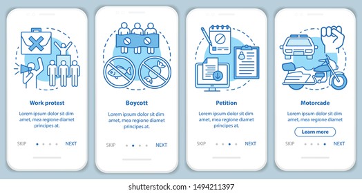 Public protest onboarding mobile app page screen with linear concepts. Boycott and social demonstration walkthrough steps graphic instructions. UX, UI, GUI vector template with illustrations