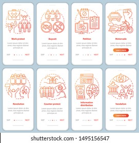 Public protest onboarding mobile app page screens vector templates set. Social demonstration and boycott walkthrough website steps with linear illustrations. UX, UI, GUI smartphone interface concept