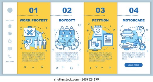 Public protest onboarding mobile web pages vector template. Responsive smartphone website interface idea with linear illustrations. Public demonstration webpage walkthrough step screens. Color concept
