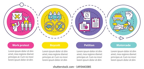 Public protest vector infographic template. Business presentation design elements. Data visualization with four steps and options. Boycott process timeline chart. Workflow layout with linear icons