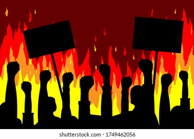 Public protests. Silhouettes of hands with posters on a background of fire. Black silhouettes of raised fists, indignation, rage. Vector. News illustration, info, articles, blogs, publication, print