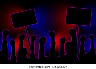 Public protests. Silhouettes of hands with posters on a background of flashing lights of police cars. Black silhouettes of raised fists, indignation, rage. Vector. News illustration, info, articles