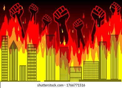 Public protests. Silhouettes of raised fists protesting against the backdrop of a burning city, skyscrapers. Wall of fire and burning city buildings. Vector news illustration, info, article, publication