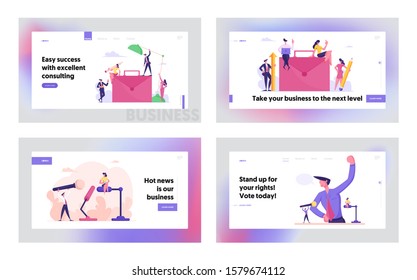 Public Relation, Communication, Business Project Website Landing Page Set. People Working and Developing Startup, Discussion or Presidential Election Web Page Banner. Cartoon Flat Vector Illustration