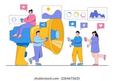 Public relation, digital marketing and media concept. People use big loudspeaker to communicate with audience. PR agency team work on social media promotion.