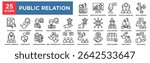 Public Relation icon collection set. Containing team collaboration,public speaker,reputation,press release,public image Simple line vector.