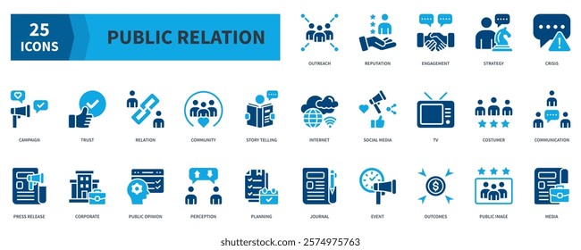 Public Relation Icon Collection Set. Containing outreach, reputation, strategy, trust, relation, community, communication Icon. Simple Flat Vector. Blue Color Style