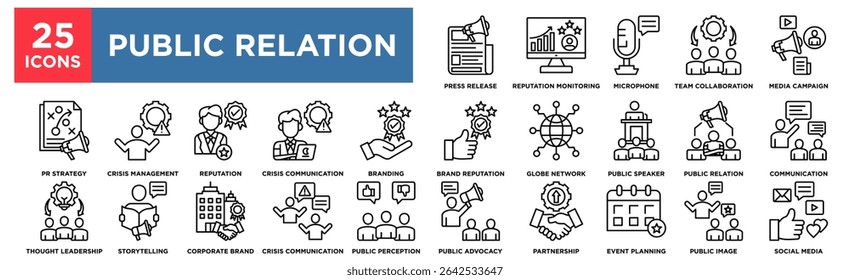 Conjunto de coleções de ícones de Relações Públicas. Contendo colaboração em equipe, orador público, reputação, comunicado à imprensa, imagem pública Vetor de linha simples.
