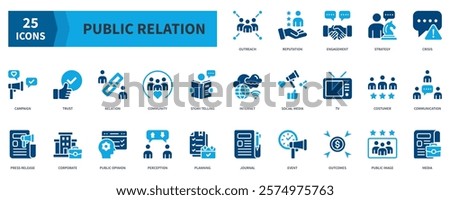 Public Relation Icon Collection Set. Containing outreach, reputation, strategy, trust, relation, community, communication Icon. Simple Flat Vector. Blue Color Style