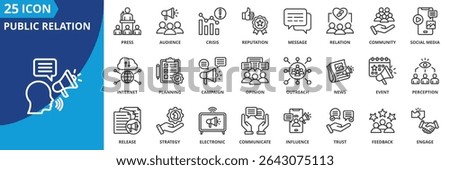 public relation icon set collection in outline style. an icon pack contain press, audience, crisis, reputation, message, relation, community