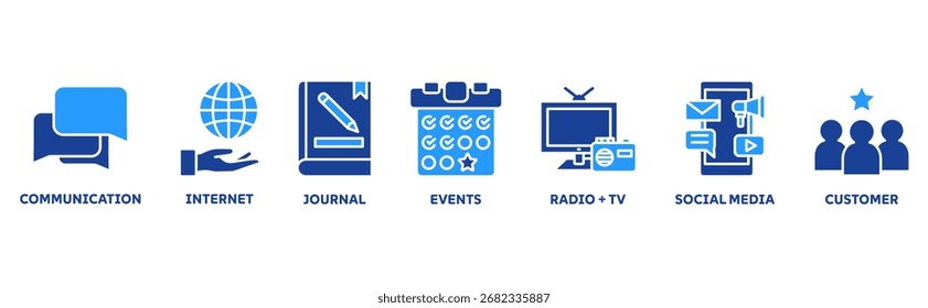 Public Relation Icon Set Illustration Konzept mit Icon der Kommunikation, Internet, Journal, Veranstaltungen, Radio und TV, Social Media, Kunde