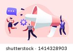 Public Relations and Affairs, Communication, Pr Agency Marketing Team Work with Huge Megaphone, Alert Advertising, Propaganda, Speech Bubbles, Social Media Promotion. Cartoon Flat Vector Illustration