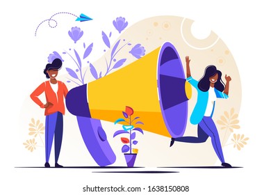 Public Relations and Affairs, Communication, Pr Agency Marketing Team Work with Huge Megaphone, Alert Advertising, Propaganda, Speech Bubbles, Social Media Promotion. Cartoon Flat Vector Illustration